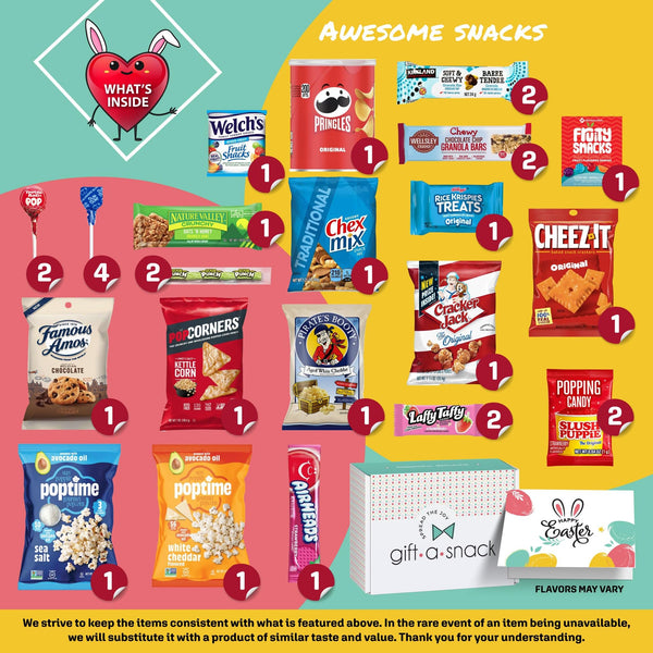 Gift A Snack - Easter Candy Filled Egg & Bunny - Snack Box Variety Pack Care Package + Greeting Card (45 Count) Sweet Treats Gift Basket, Candies Chips Crackers Bars -