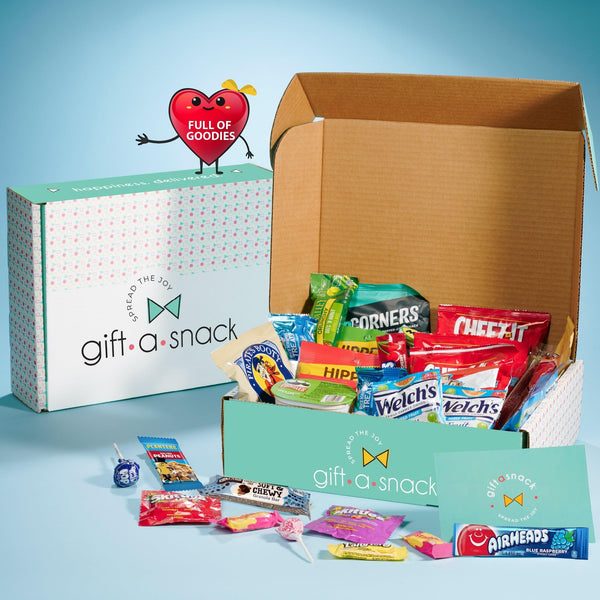 Gift A Snack - Valentines Day Snack Box Variety Pack Care Package + Greeting Card (40 Count) Galentines Birthday Sweet Treats Gift Basket, Candies Chips Crackers Bars Corporate Gifts