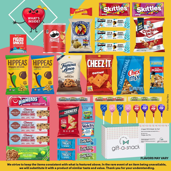 Gift A Snack - Valentines Day Snack Box Variety Pack Care Package + Greeting Card (40 Count) Galentines Birthday Sweet Treats Gift Basket, Candies Chips Crackers Bars Corporate Gifts