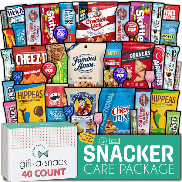 Gift A Snack - Valentines Day Snack Box Variety Pack Care Package + Greeting Card (40 Count) Galentines Birthday Sweet Treats Gift Basket, Candies Chips Crackers Bars Corporate Gifts
