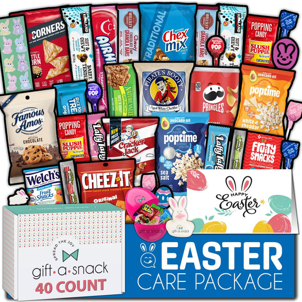 Gift A Snack - Easter Candy Filled Egg & Bunny - Snack Box Variety Pack Care Package + Greeting Card (45 Count) Sweet Treats Gift Basket, Candies Chips Crackers Bars -