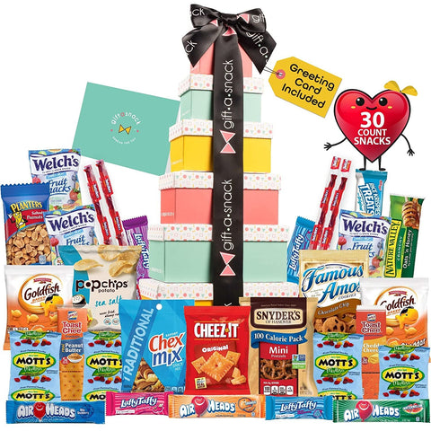 Tower Snack Box Variety Pack Care Package (40 Count) College Graduation 2022 Gift Basket, Crave Food Summer Camp Box, Candies Chips Cookies, Birthday Sweet Treats for Adults Kids Teens