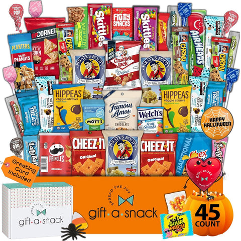 Gift A Snack - Halloween Candies Snack Box Variety Pack Care Package + Greeting Card (45 Count) Trick or Treat Gift Basket, Corn Candy & Scary Spiders, Sweet Assortment Crave Food - Adults Teens Kids