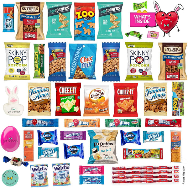 Premade Easter Gift Baskets for Kids & Adults, Candy Filled Eggs + Bunny - Snack Box Variety Pack (45 Count)